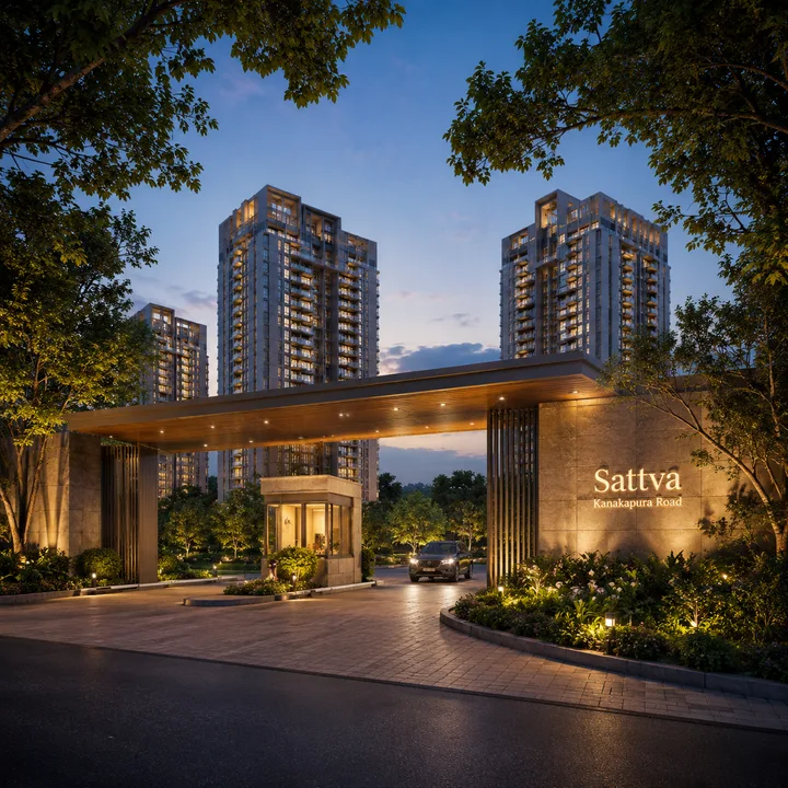 Sattva Kanakapura Road grand entrance gate with residential towers