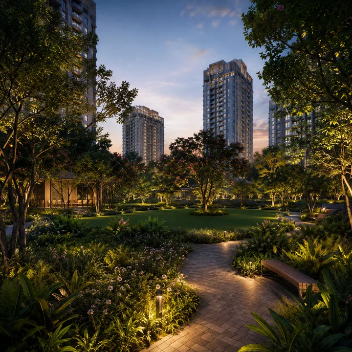 Sattva Kanakapura Road landscaped central garden with jogging track